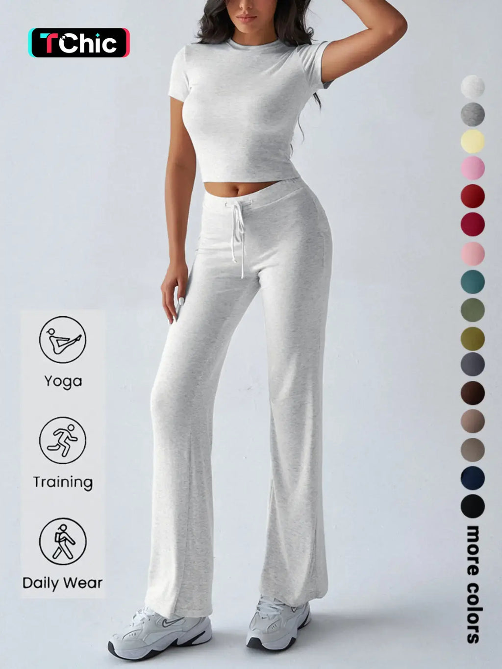 Women's Solid Basic Short Sleeve Two-piece Set, Casual Round Neck Crop Tee & Drawstring High Waist Trousers for Daily Wear, Ladies Summer Clothes