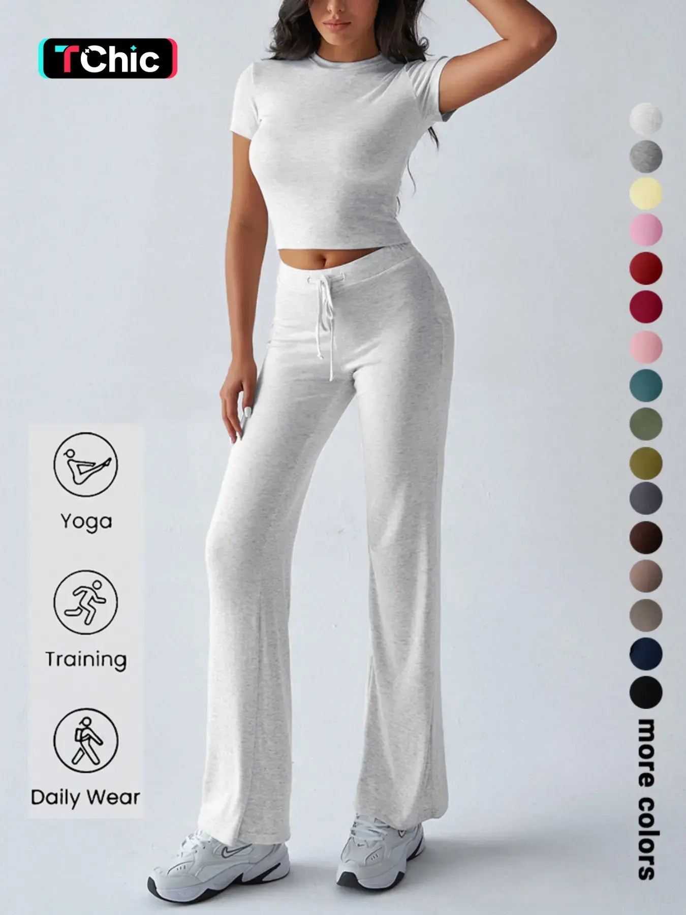 Women's Solid Basic Short Sleeve Two-piece Set, Casual Round Neck Crop Tee & Drawstring High Waist Trousers for Daily Wear, Ladies Summer Clothes