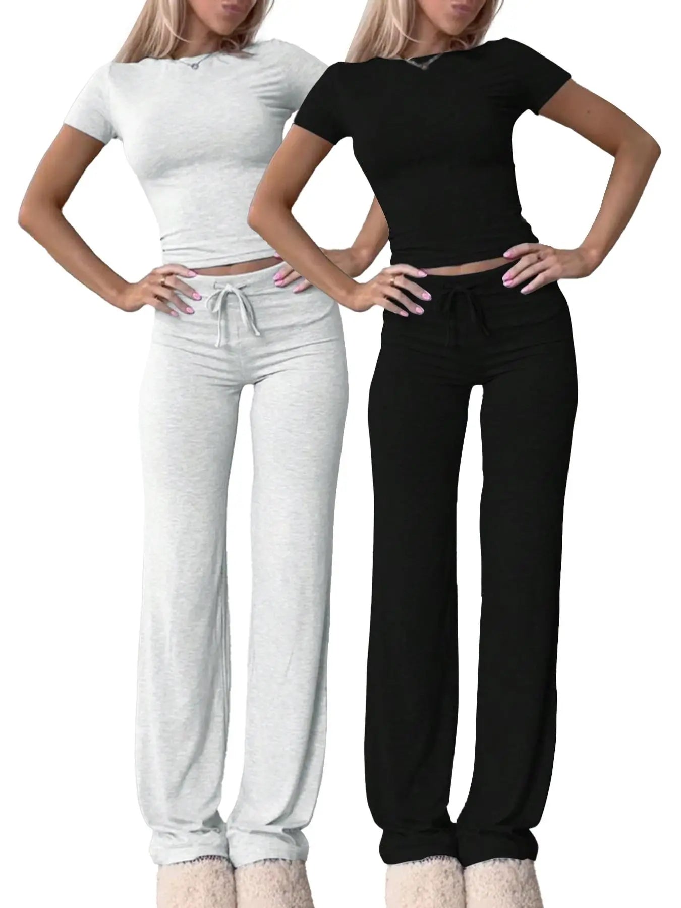 Women's Solid Basic Short Sleeve Two-piece Set, Casual Round Neck Crop Tee & Drawstring High Waist Trousers for Daily Wear, Ladies Summer Clothes - Color: Multicolor4, Size: XS