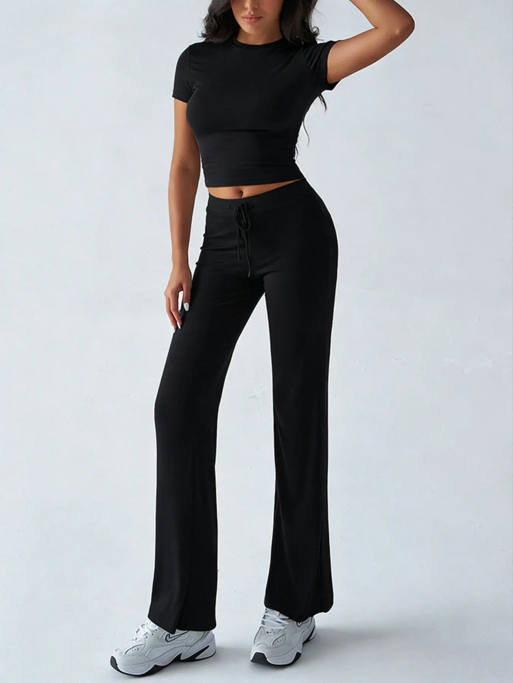 Women's Solid Basic Short Sleeve Two-piece Set, Casual Round Neck Crop Tee & Drawstring High Waist Trousers for Daily Wear, Ladies Summer Clothes