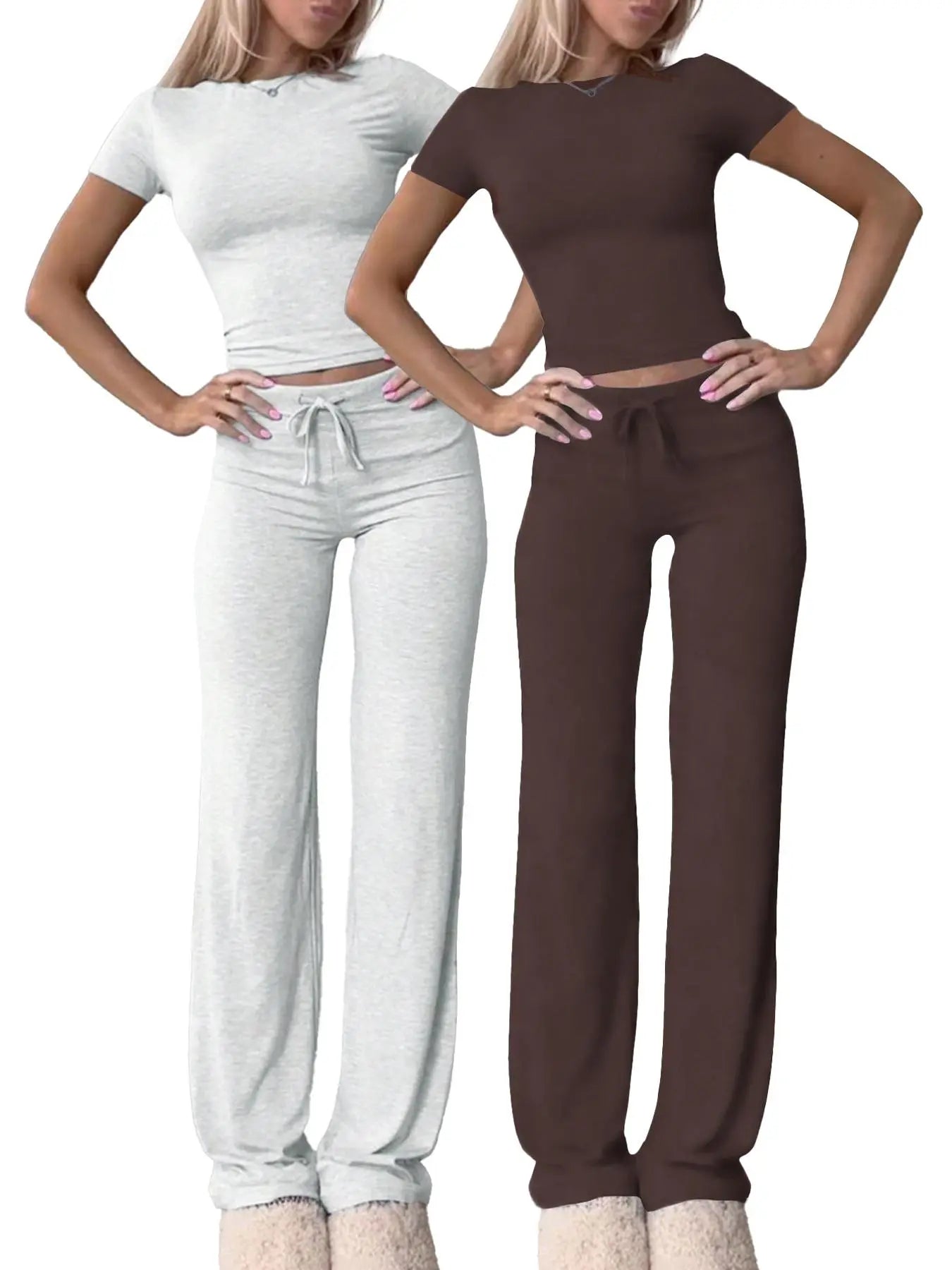 Women's Solid Basic Short Sleeve Two-piece Set, Casual Round Neck Crop Tee & Drawstring High Waist Trousers for Daily Wear, Ladies Summer Clothes - Color: Multicolor1, Size: XS