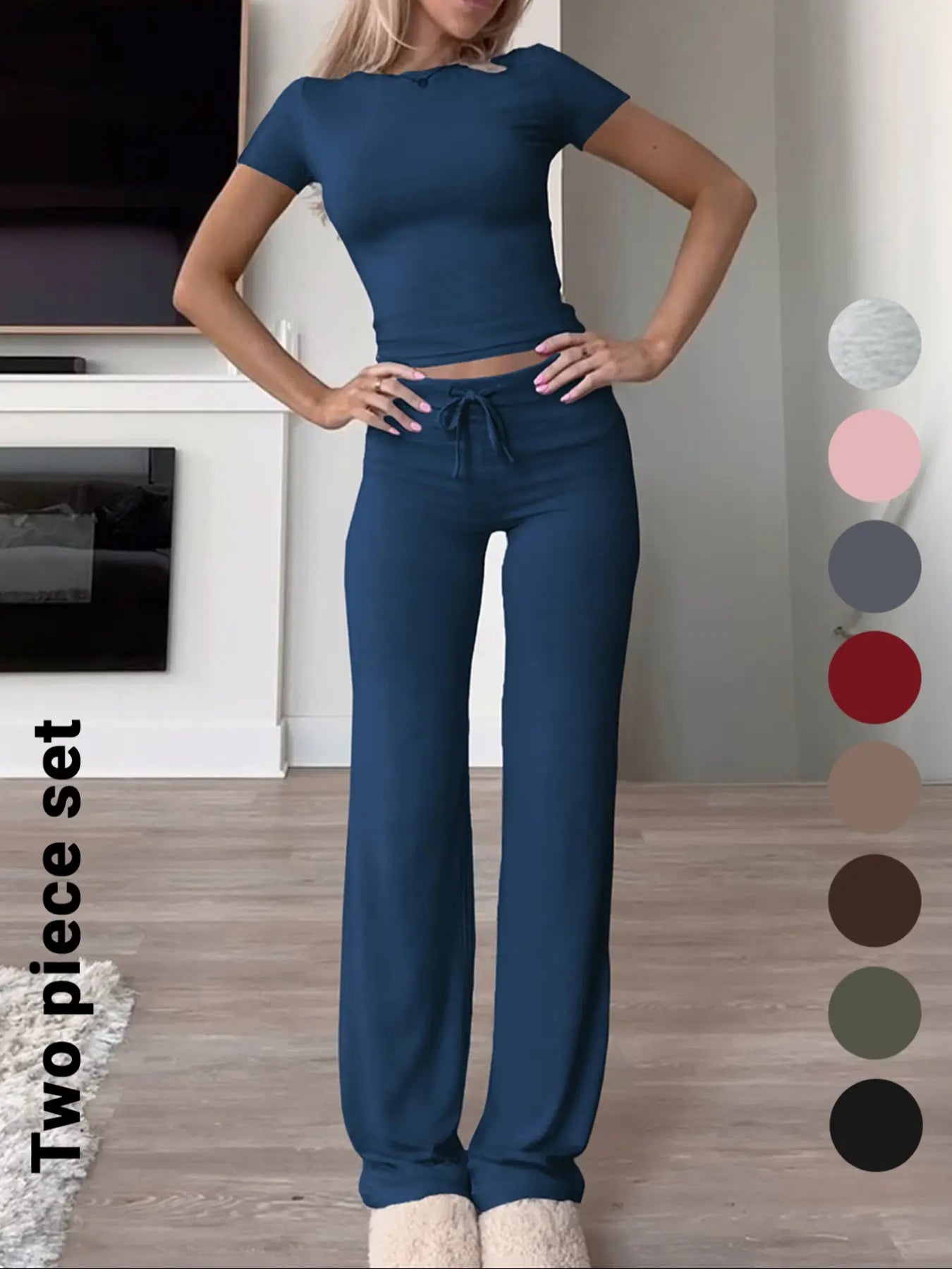 Women's Solid Basic Short Sleeve Two-piece Set, Casual Round Neck Crop Tee & Drawstring High Waist Trousers for Daily Wear, Ladies Summer Clothes - Color: Navy Blue, Size: XS