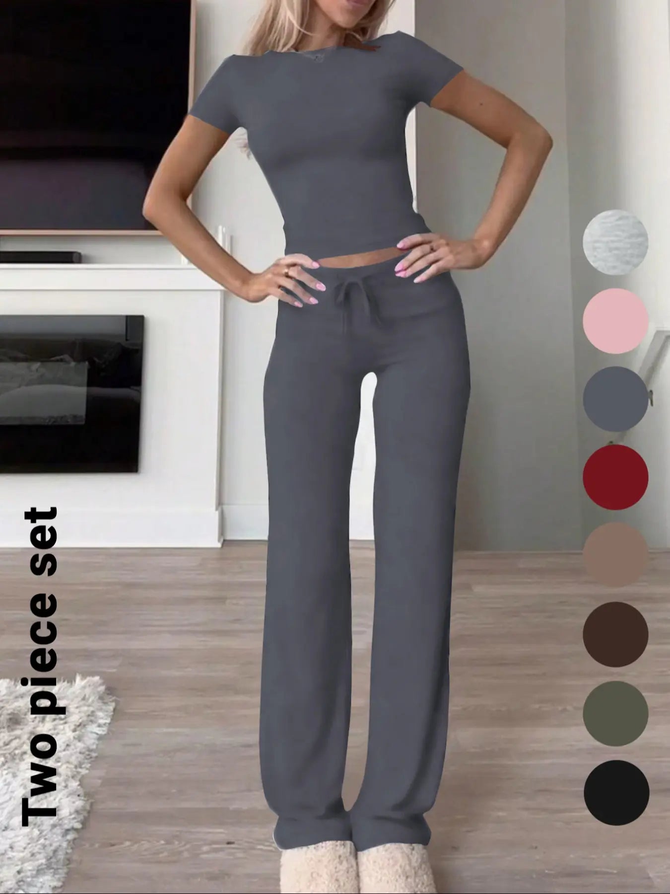 Women's Solid Basic Short Sleeve Two-piece Set, Casual Round Neck Crop Tee & Drawstring High Waist Trousers for Daily Wear, Ladies Summer Clothes