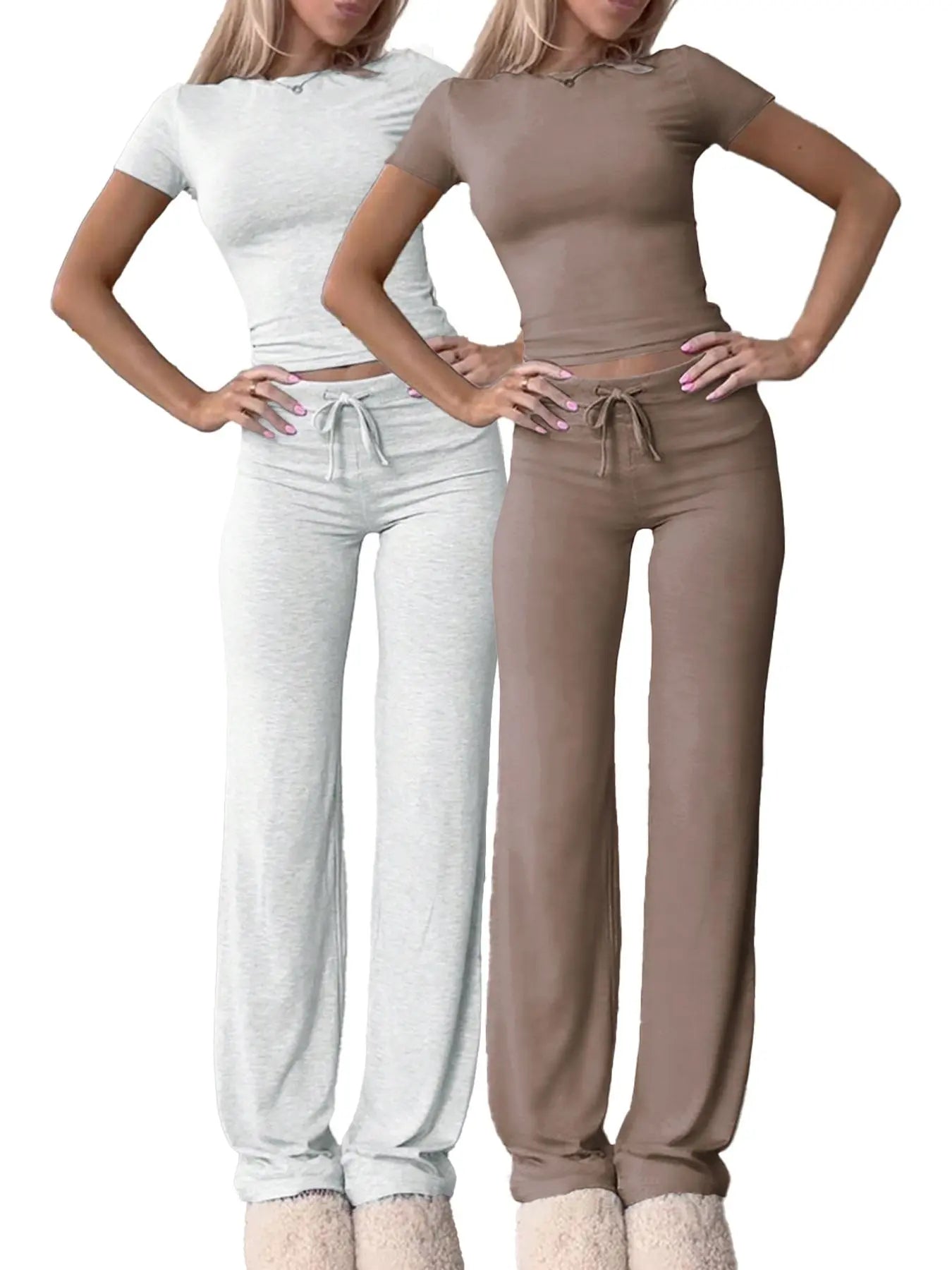Women's Solid Basic Short Sleeve Two-piece Set, Casual Round Neck Crop Tee & Drawstring High Waist Trousers for Daily Wear, Ladies Summer Clothes - Color: Multicolor7, Size: XS