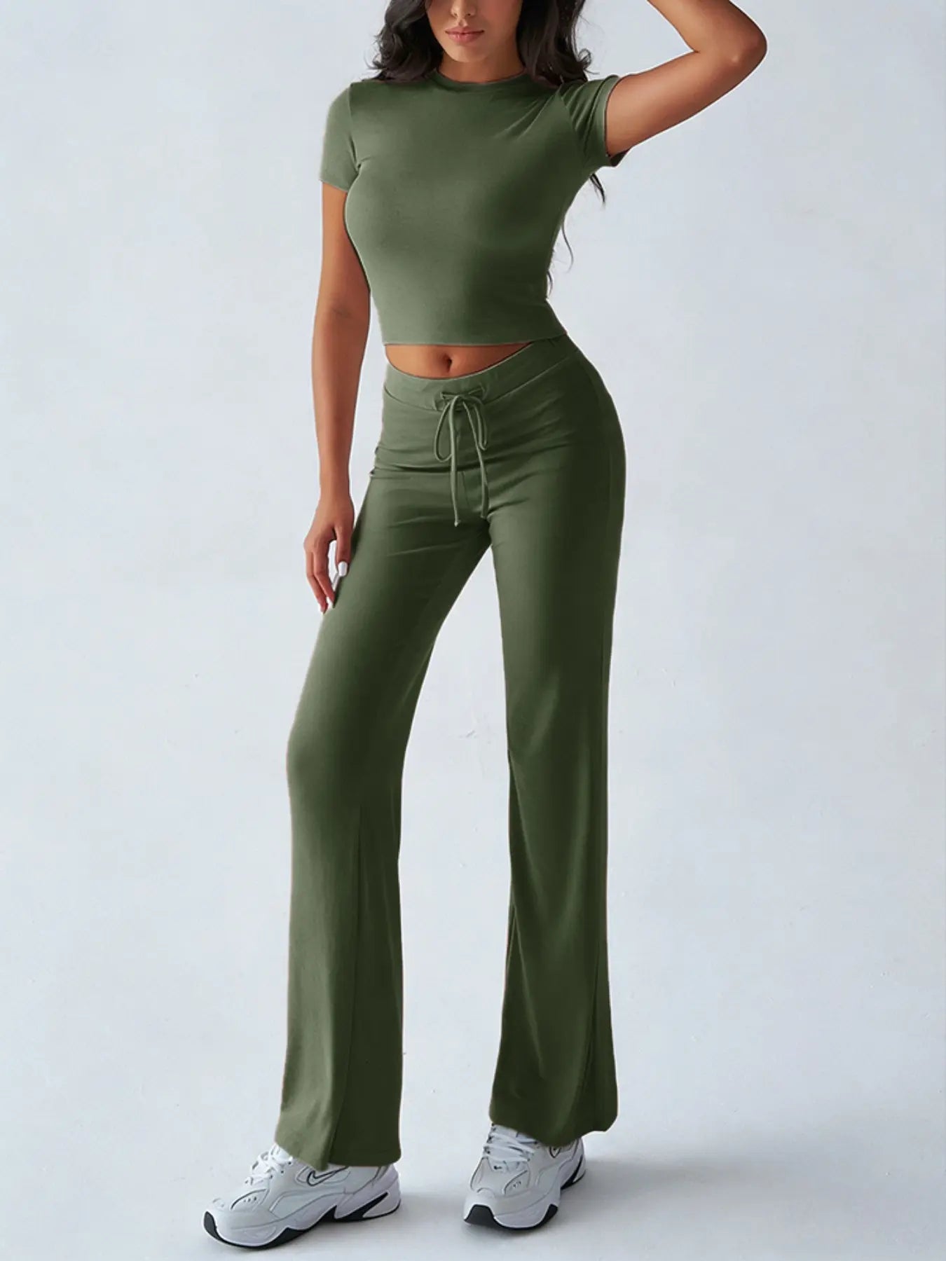 Women's Solid Basic Short Sleeve Two-piece Set, Casual Round Neck Crop Tee & Drawstring High Waist Trousers for Daily Wear, Ladies Summer Clothes - Color: Army Green, Size: XS