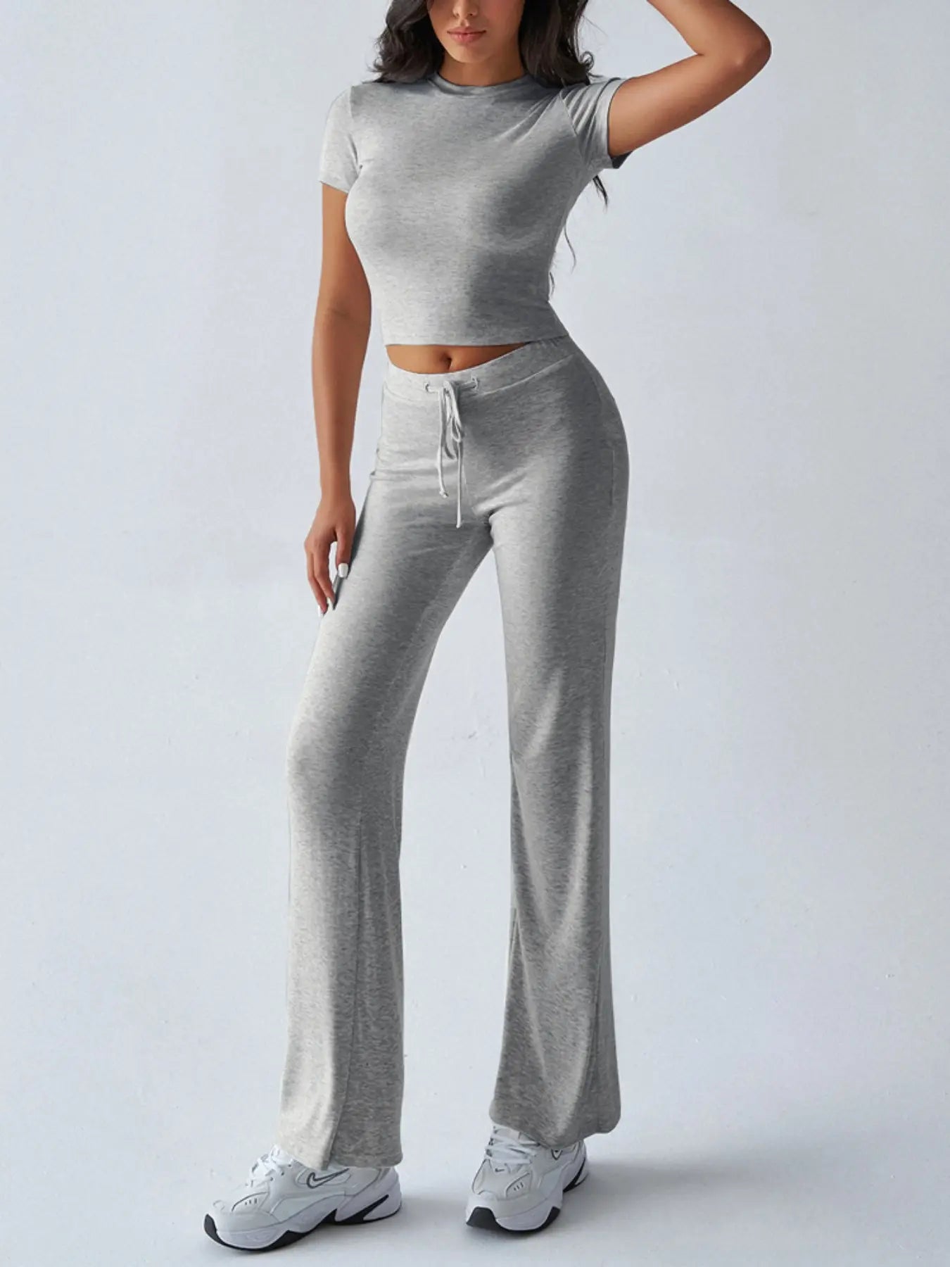 Women's Solid Basic Short Sleeve Two-piece Set, Casual Round Neck Crop Tee & Drawstring High Waist Trousers for Daily Wear, Ladies Summer Clothes - Color: Stone Gray, Size: XS