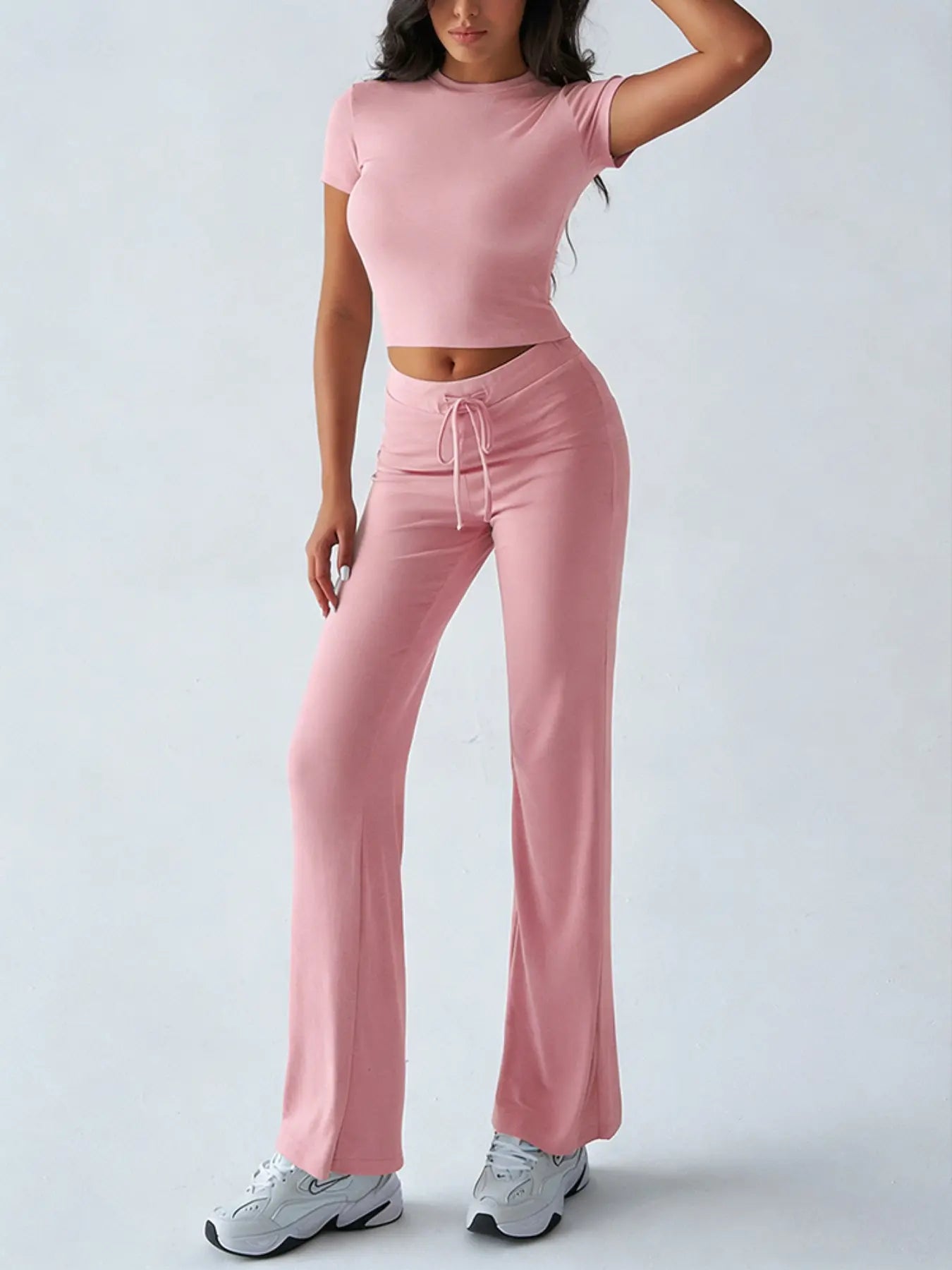 Women's Solid Basic Short Sleeve Two-piece Set, Casual Round Neck Crop Tee & Drawstring High Waist Trousers for Daily Wear, Ladies Summer Clothes - Color: Pink, Size: XS