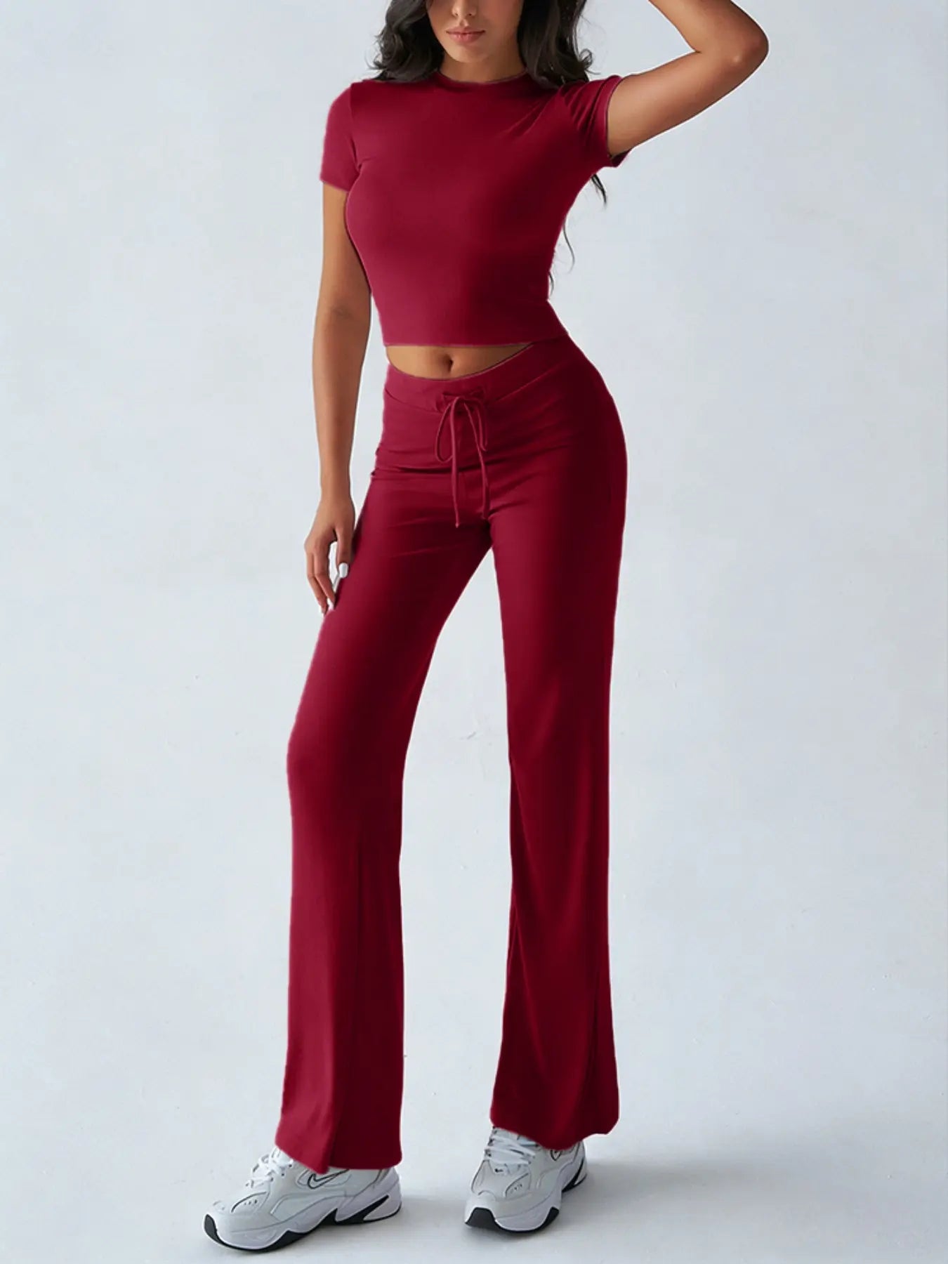 Women's Solid Basic Short Sleeve Two-piece Set, Casual Round Neck Crop Tee & Drawstring High Waist Trousers for Daily Wear, Ladies Summer Clothes - Color: Burgundy, Size: XS