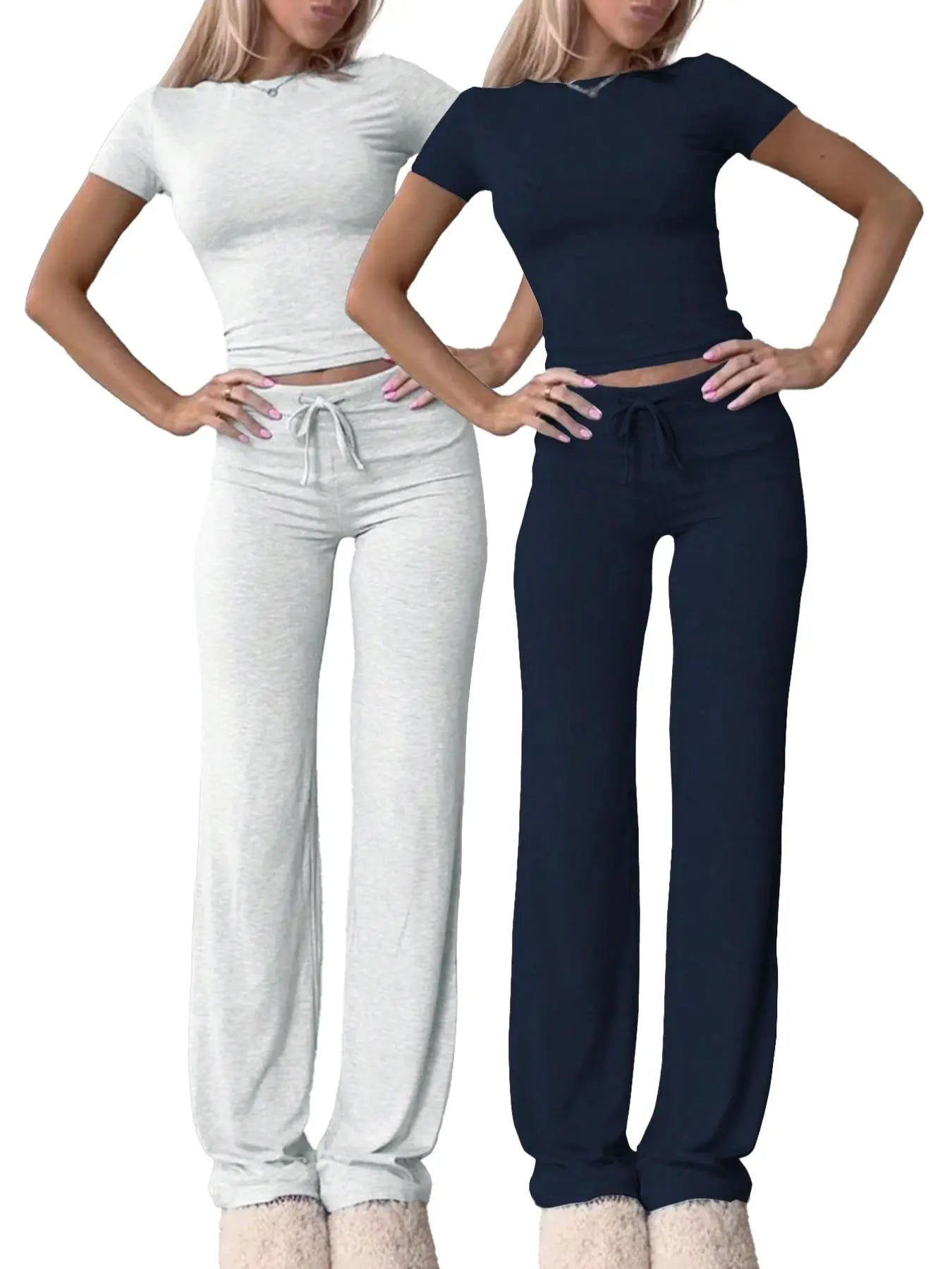 Women's Solid Basic Short Sleeve Two-piece Set, Casual Round Neck Crop Tee & Drawstring High Waist Trousers for Daily Wear, Ladies Summer Clothes - Color: Multicolor2, Size: XS