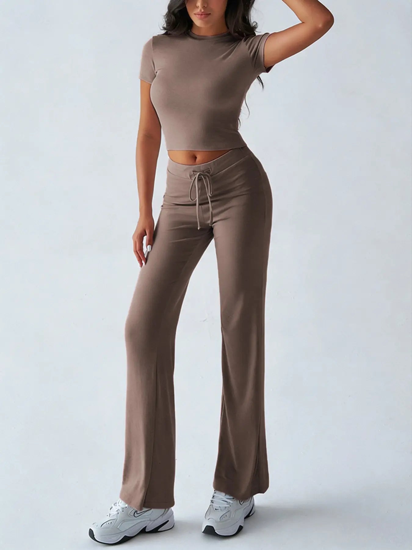 Women's Solid Basic Short Sleeve Two-piece Set, Casual Round Neck Crop Tee & Drawstring High Waist Trousers for Daily Wear, Ladies Summer Clothes - Color: Light Brown, Size: XS
