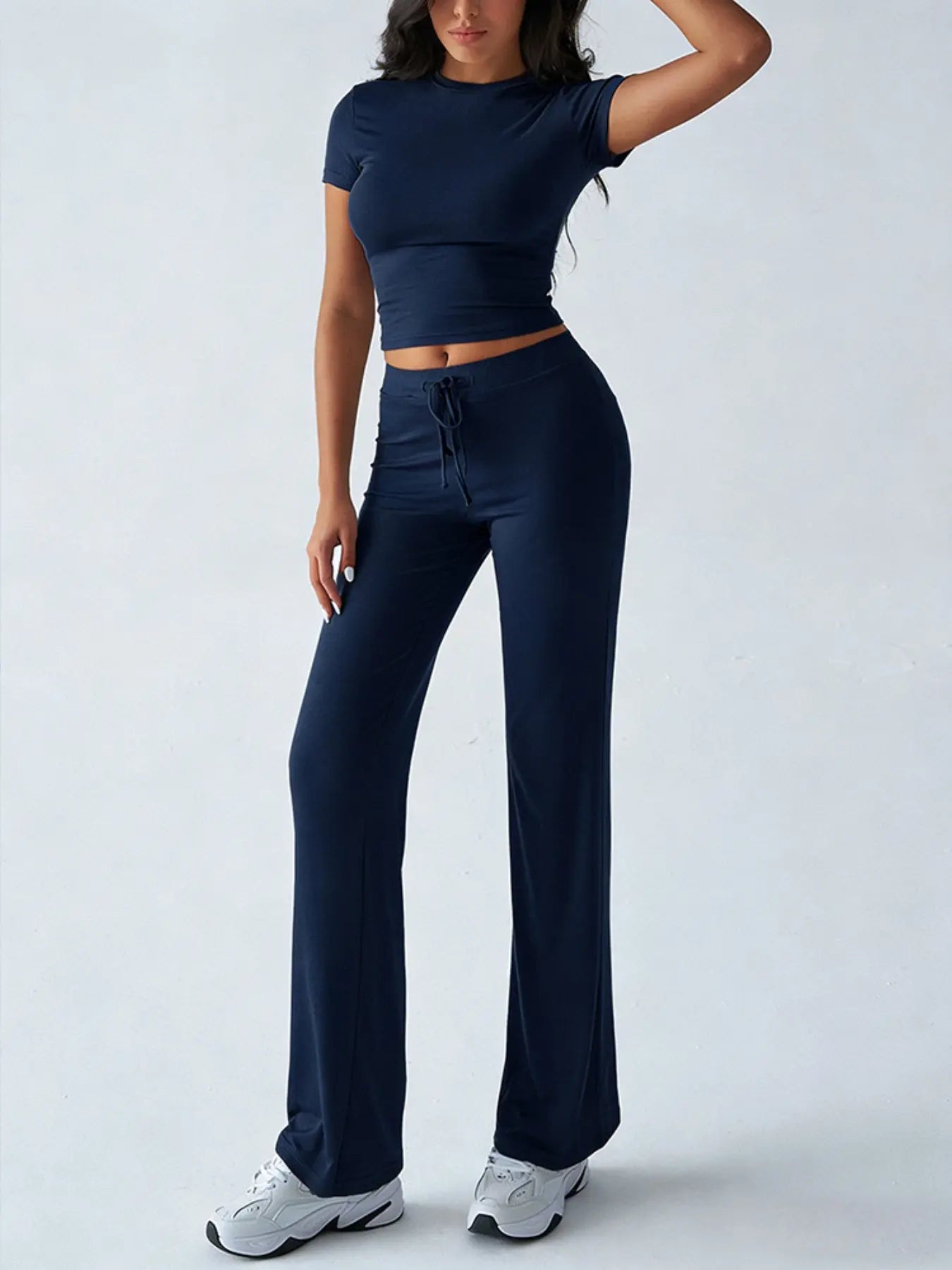 Women's Solid Basic Short Sleeve Two-piece Set, Casual Round Neck Crop Tee & Drawstring High Waist Trousers for Daily Wear, Ladies Summer Clothes - Color: Dark Blue, Size: XS
