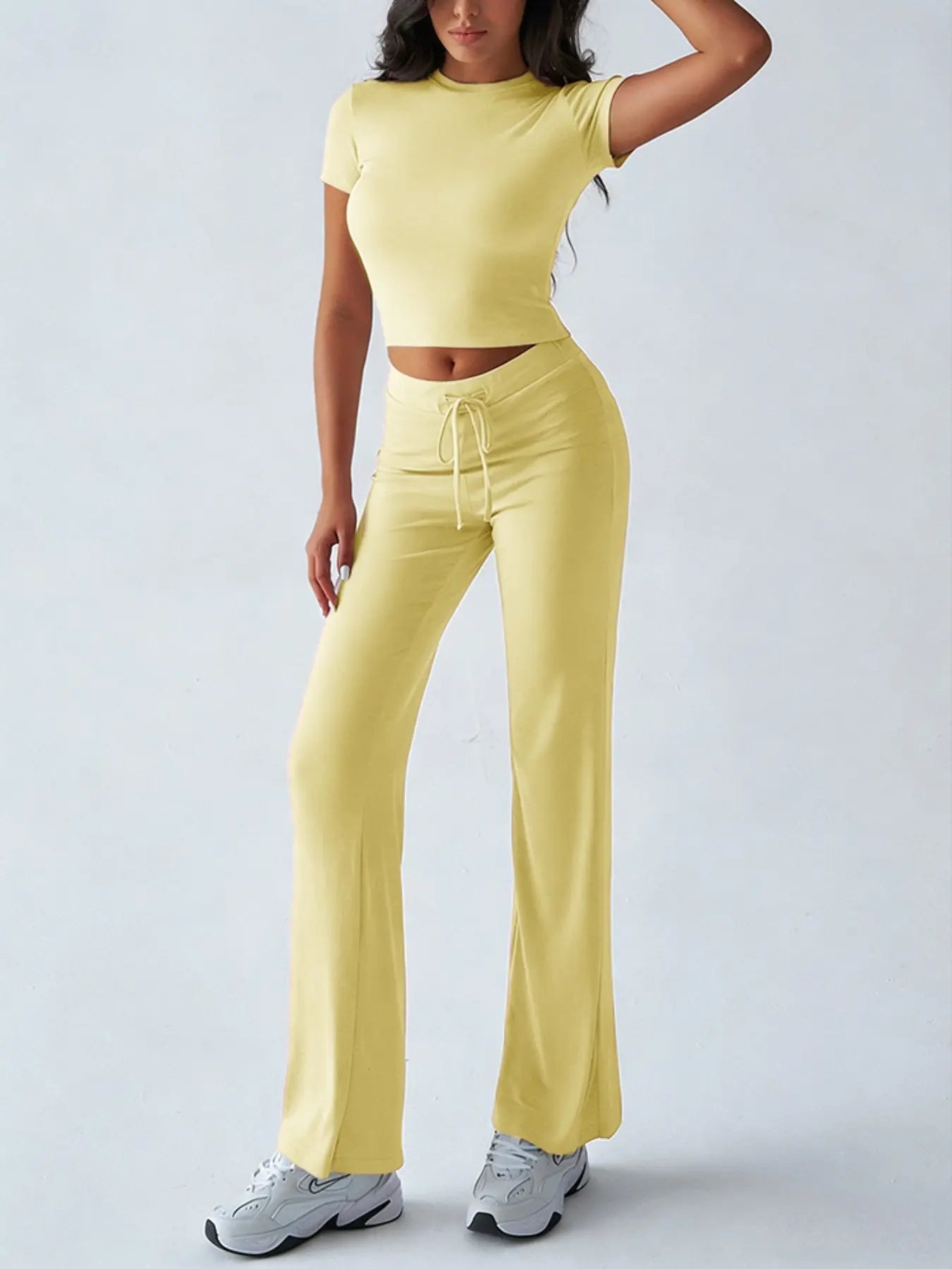 Women's Solid Basic Short Sleeve Two-piece Set, Casual Round Neck Crop Tee & Drawstring High Waist Trousers for Daily Wear, Ladies Summer Clothes - Color: Yellow, Size: XS