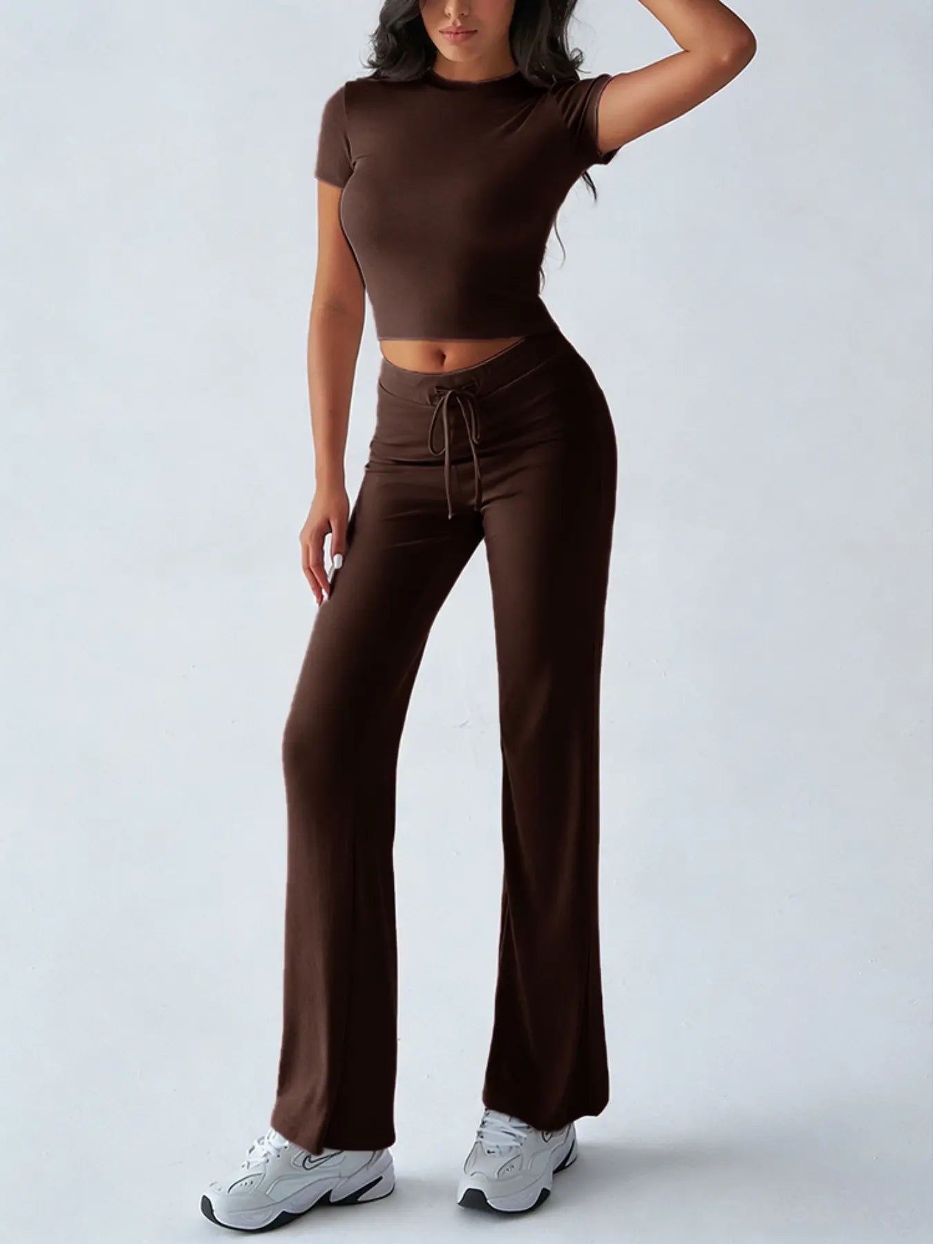 Women's Solid Basic Short Sleeve Two-piece Set, Casual Round Neck Crop Tee & Drawstring High Waist Trousers for Daily Wear, Ladies Summer Clothes - Color: Brown, Size: XS