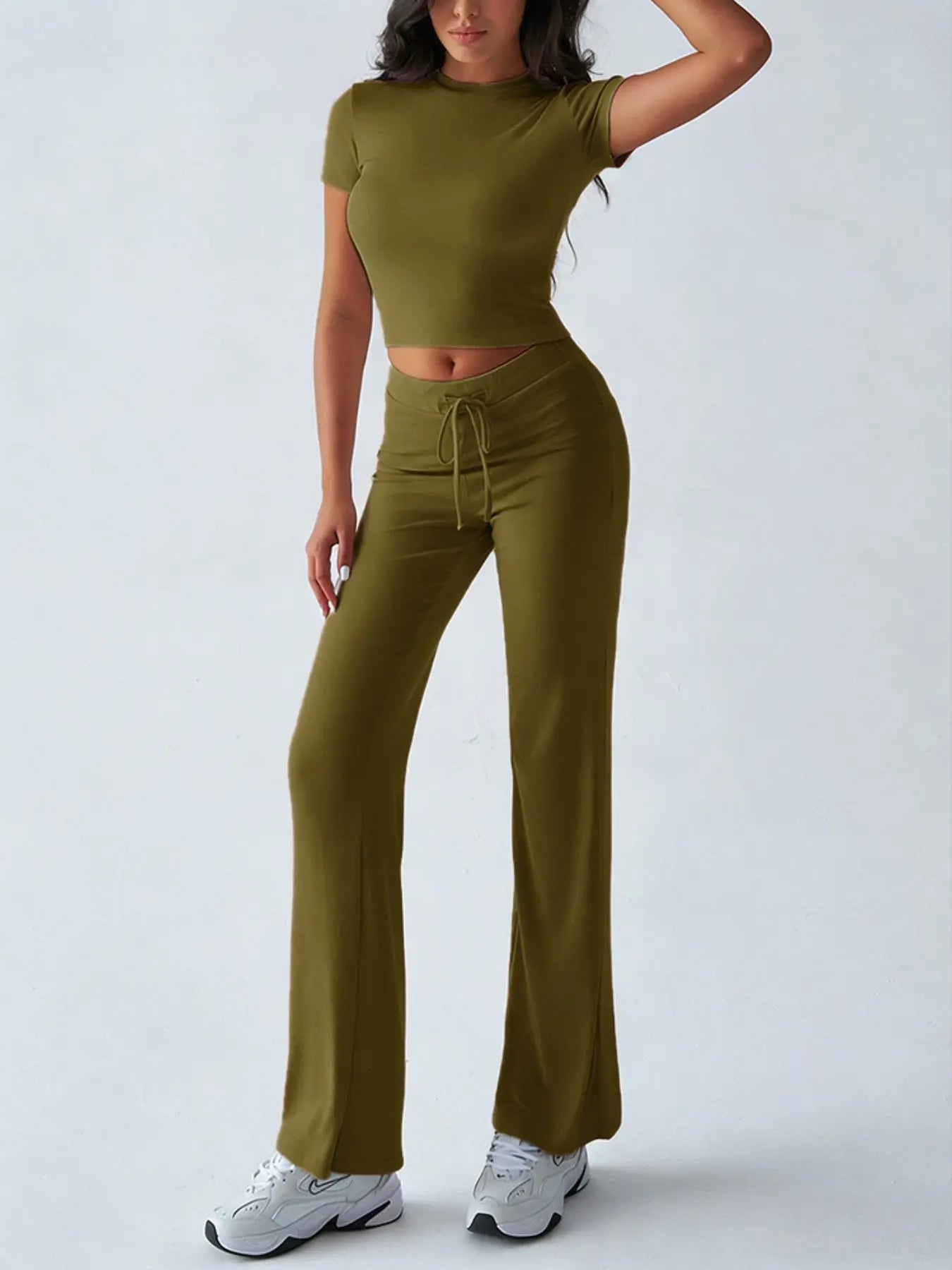 Women's Solid Basic Short Sleeve Two-piece Set, Casual Round Neck Crop Tee & Drawstring High Waist Trousers for Daily Wear, Ladies Summer Clothes - Color: Olive Green, Size: XS