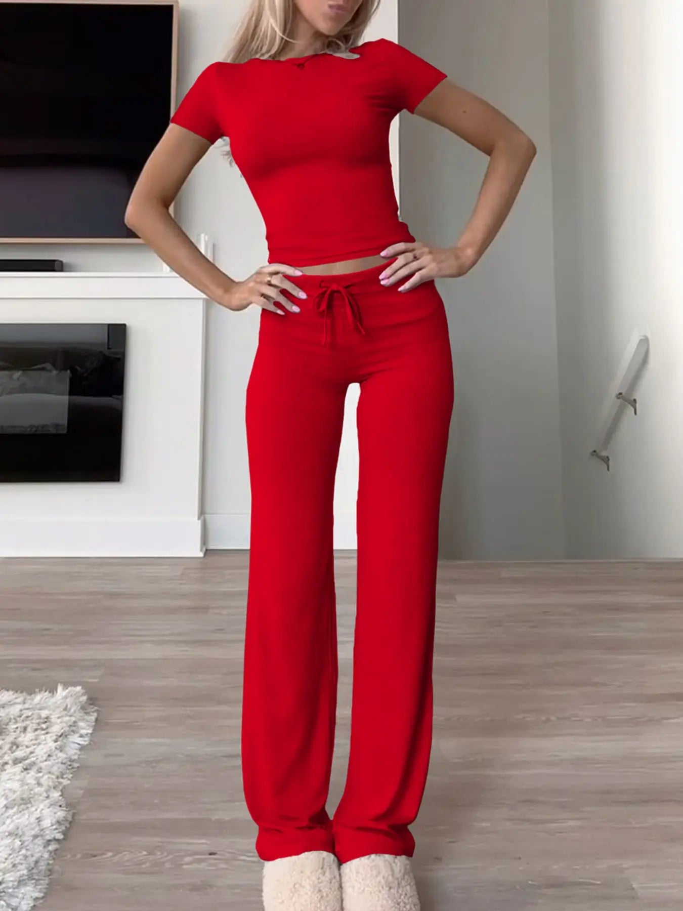 Women's Solid Basic Short Sleeve Two-piece Set, Casual Round Neck Crop Tee & Drawstring High Waist Trousers for Daily Wear, Ladies Summer Clothes - Color: Red, Size: XS