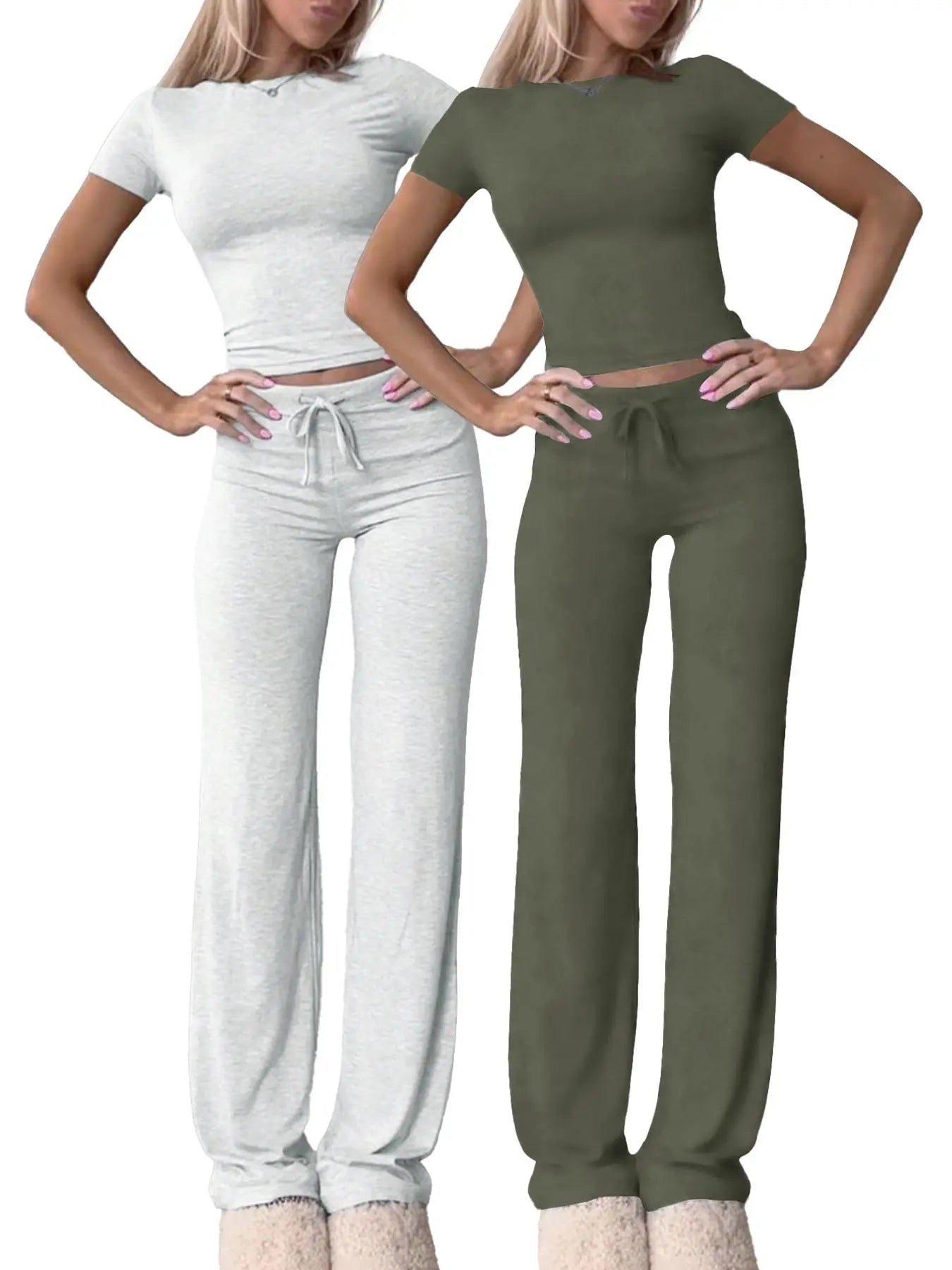 Women's Solid Basic Short Sleeve Two-piece Set, Casual Round Neck Crop Tee & Drawstring High Waist Trousers for Daily Wear, Ladies Summer Clothes - Color: Multicolor6, Size: XS