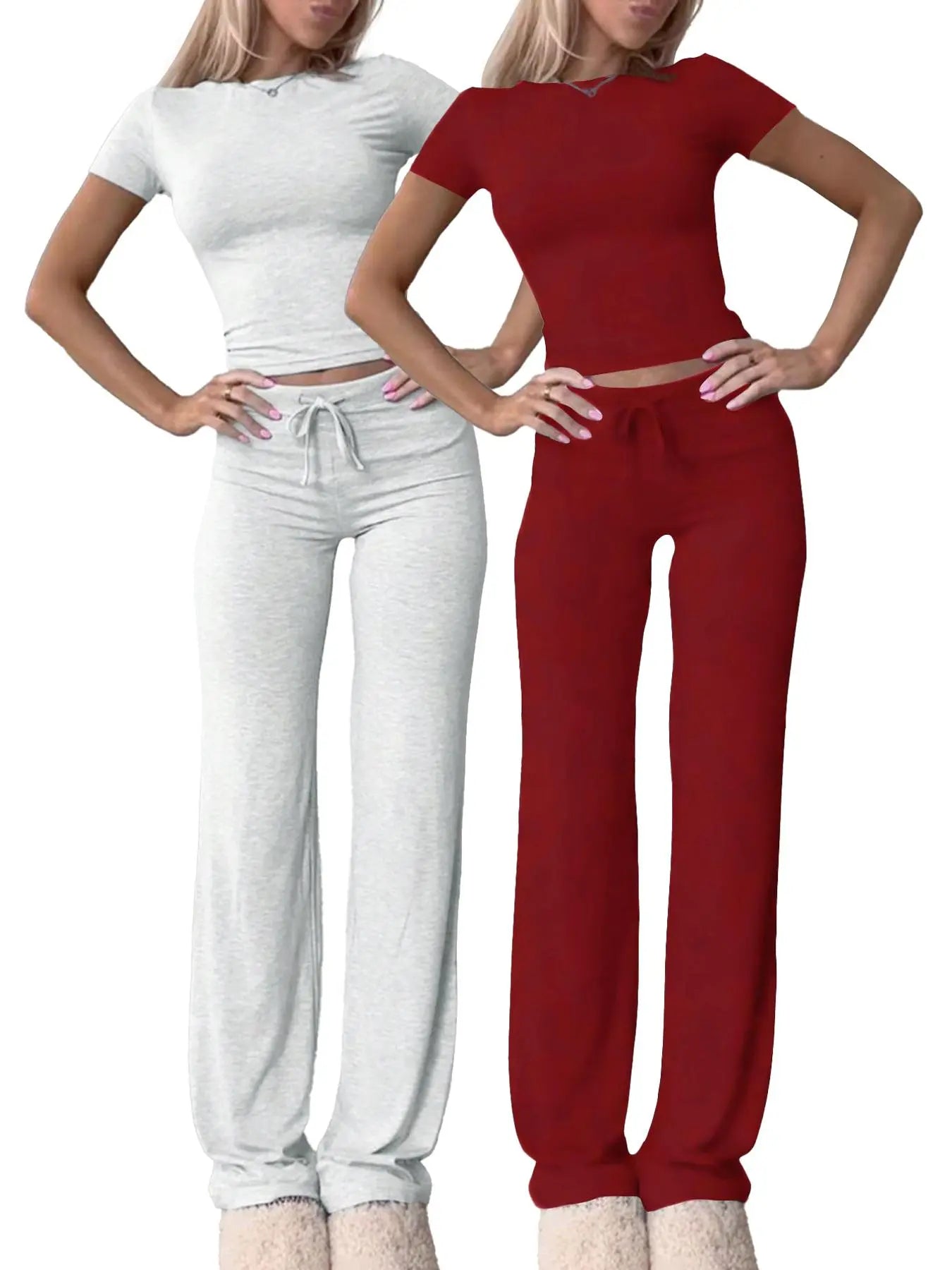 Women's Solid Basic Short Sleeve Two-piece Set, Casual Round Neck Crop Tee & Drawstring High Waist Trousers for Daily Wear, Ladies Summer Clothes - Color: Multicolor3, Size: XS