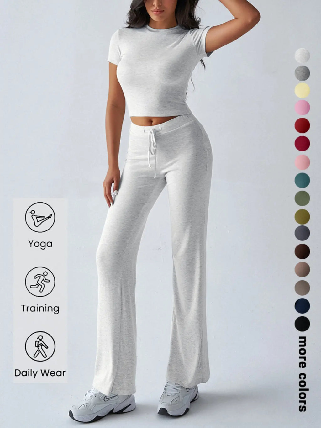 Women's Solid Basic Short Sleeve Two-piece Set, Casual Round Neck Crop Tee & Drawstring High Waist Trousers for Daily Wear, Ladies Summer Clothes