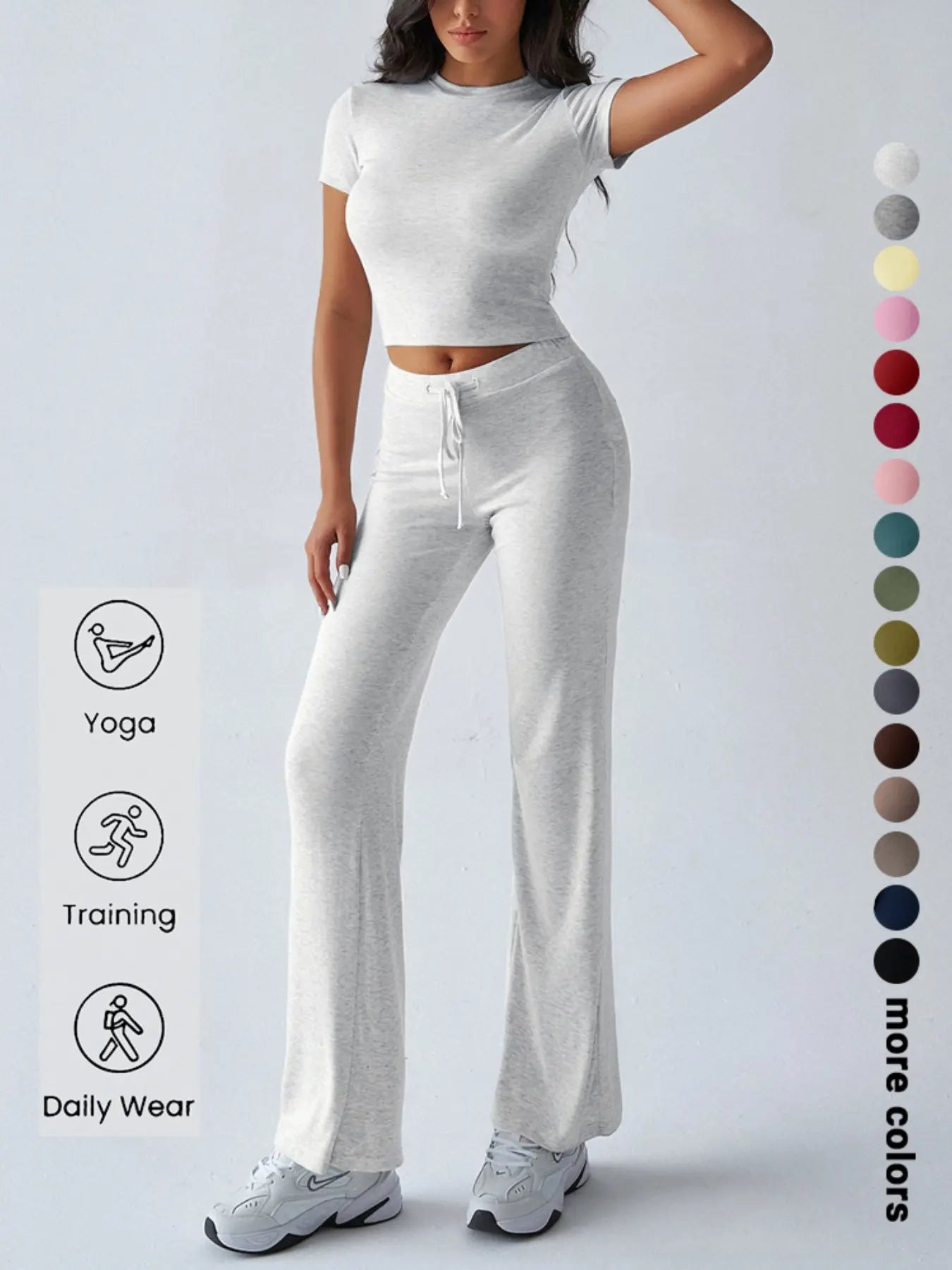 Women's Solid Basic Short Sleeve Two-piece Set, Casual Round Neck Crop Tee & Drawstring High Waist Trousers for Daily Wear, Ladies Summer Clothes