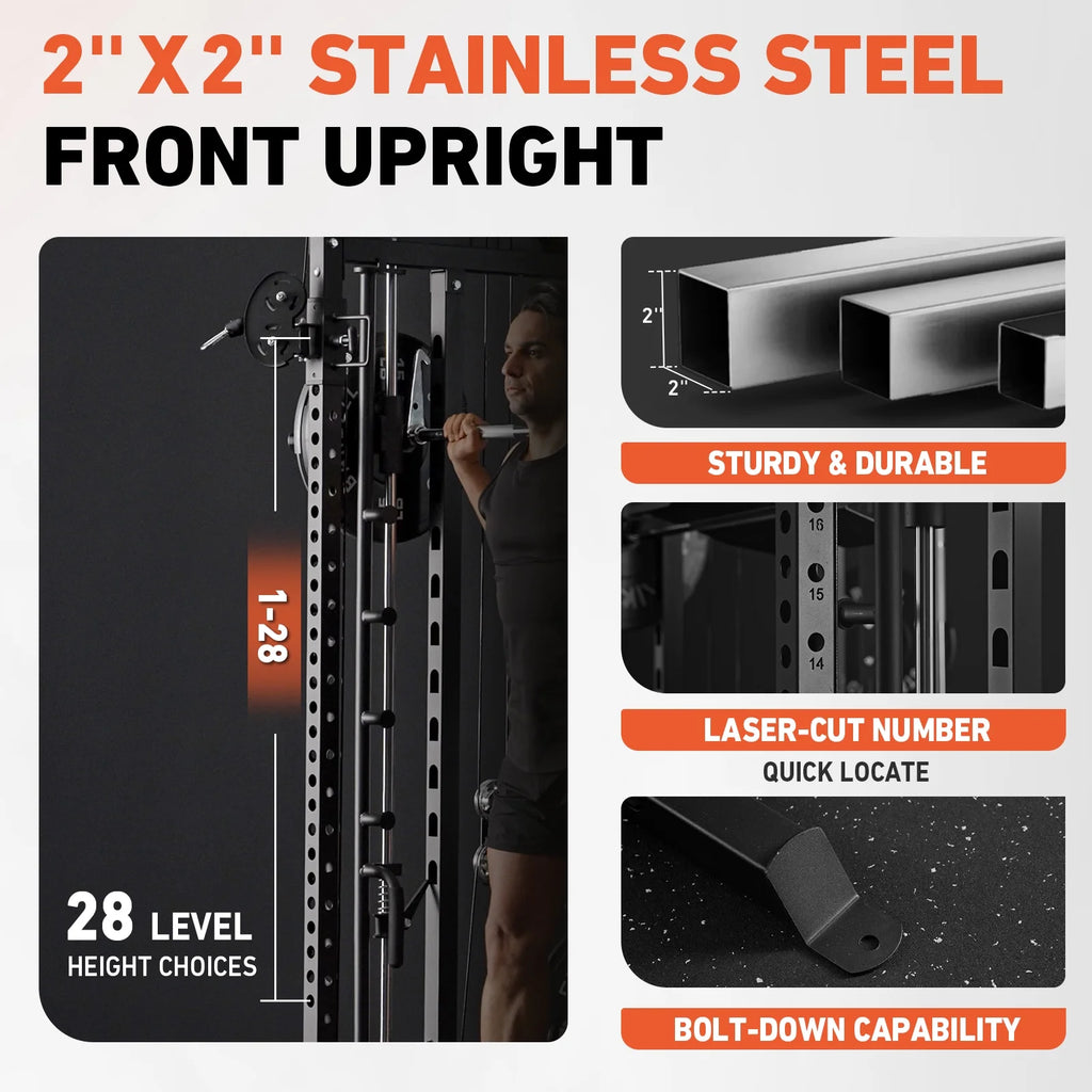 Smith Machine, All-In-One Power Rack Cage with Vertical Leg Press, 2000LBS Power Cage Squat Rack with Smith Bar, Dual Pulley Cable Crossover System for Home Gym with Weight Bench